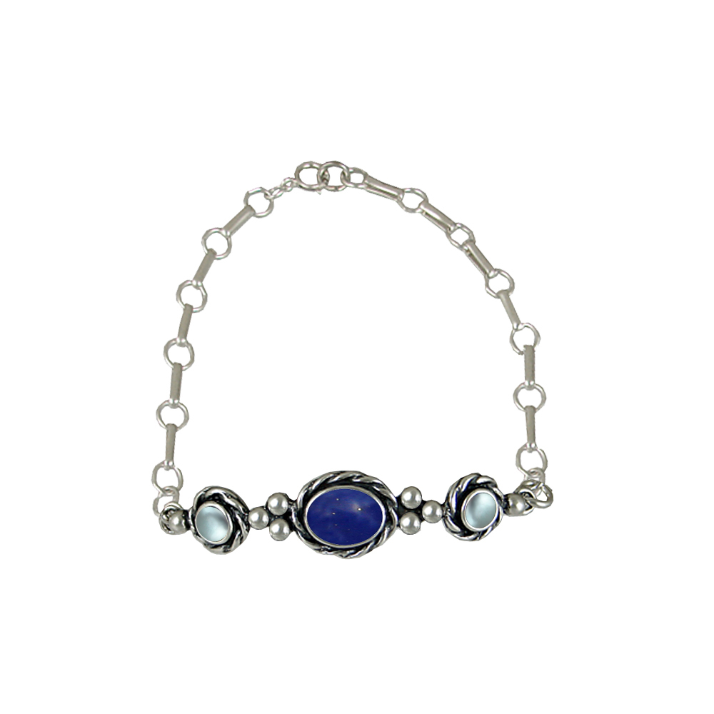 Sterling Silver Gemstone Adjustable Chain Bracelet With Lapis Lazuli And Blue Topaz